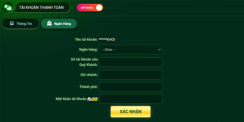 Người chơi cần điền thông tin ngân hàng chính chủ trước khi bắt đầu rút tiền FB88